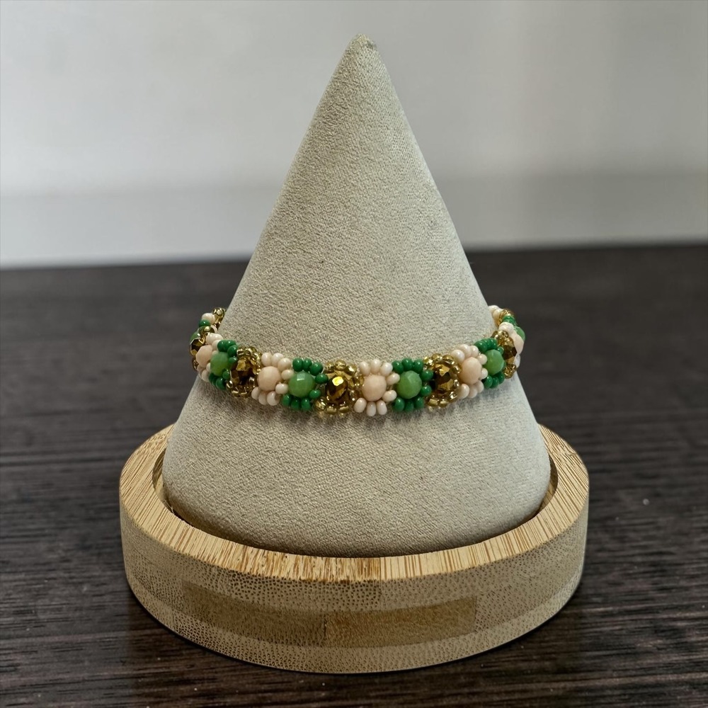 Vintage Beaded Floral Bracelet Green‎ White Gold Tone Daisy Flower 7.5"